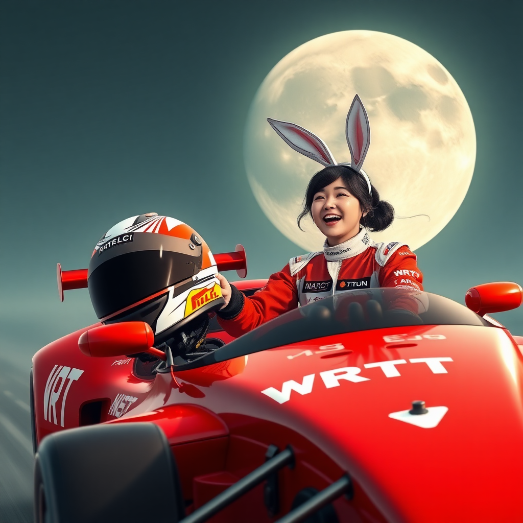 A red racing car with "WRT" written on it, a beautiful Chinese female racer wearing rabbit ears, laughing while holding her racing helmet, with a huge moon in the background.