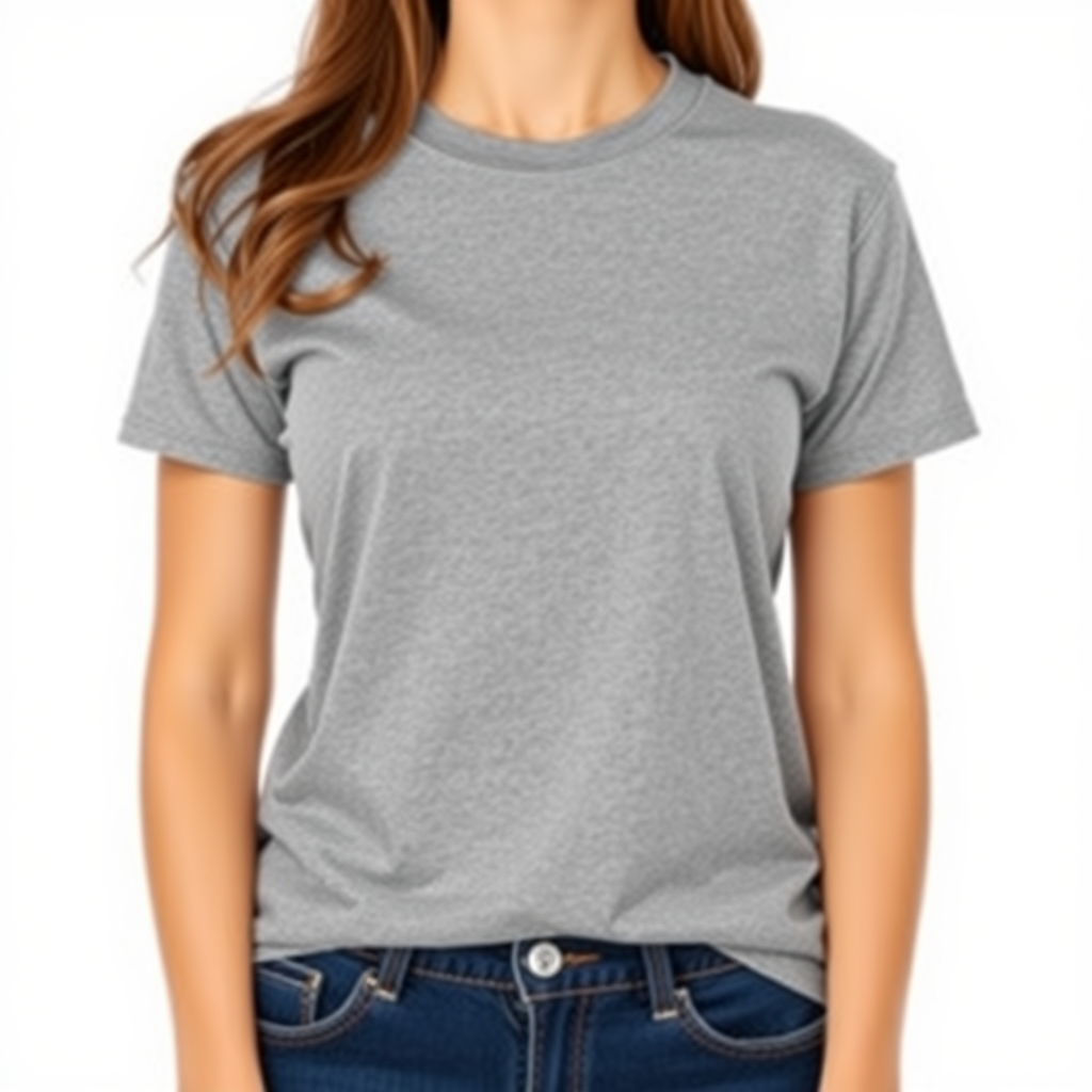 full body front view of a woman wearing a grey t-shirt #808080, unbranded and unprinted, photo for mockup, studio lights, white background, sharp focus, 4k, detailed, high resolution