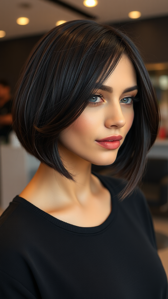 Beautiful model with an Italian bob haircut in black, in high definition, in the background, hair salon.