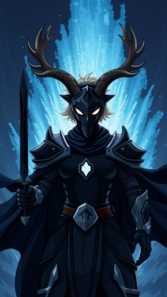 (Anime-pixel art) background of a massive blue-black-dark fountain erupting into the air, a fierce and violent knight stands poised for battle. She wears sleek, black knight armor, marked by a small perfect white eye symbol at its center, exuding an air of intimidation. Her face is obscured by a terrifying goat-like mask, with a single glowing white eye on the right, and another white eye symbol perched at the top of the mask, adding to her menacing presence. The knight's imposing silhouette is accentuated by two large, dark-silver shoulder guards that gleam ominously in the darkness. Draped behind her is a flowing dark-blue cape that billows dramatically, hinting at her formidable power. Atop her head, two impressive deer antlers rise, further enhancing her fearsome appearance, while her short, tousled blonde hair peeks out from beneath the mask, in her the left-hand of her palms she wields a black-dark knife with white-aura around its edges.

This is the Roaring Knight, known as Mayor Holiday from Deltarune, captured in a striking full-body view that highlights both her ferocity and enigmatic allure.