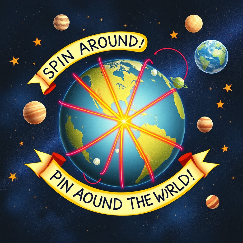 { An imaginative scene showing a globe with vibrant lines illustrating its axis, surrounded by stars and planets, with a banner saying, "Spin Around the World!" }