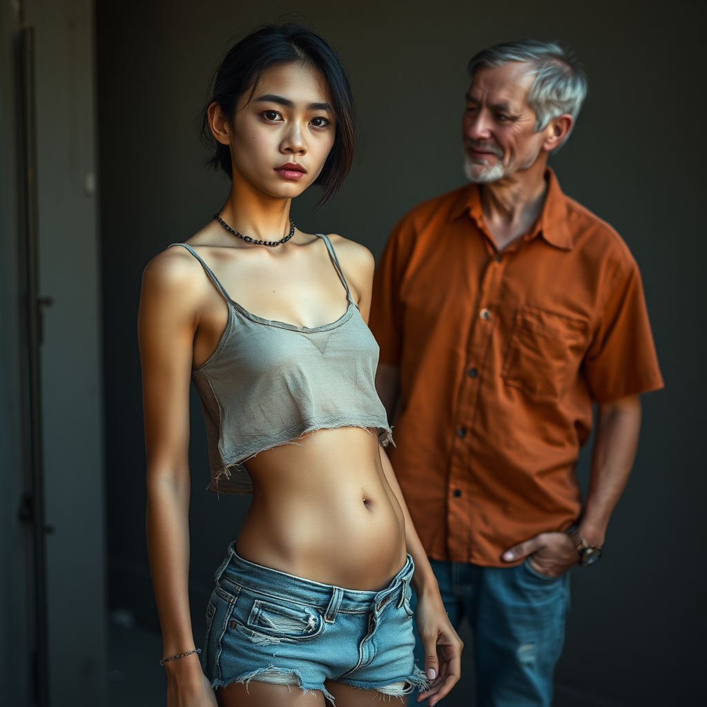 A young unkempt, neglected, homeless, unhygienic, unusually slim, almost anorexic Asian woman. Depicted as a whole person. Largely erotic, but with a sad and mystical expression on her face. The Asian woman is wearing a tattered, old, transparent, very short crop top and a completely torn, shredded, very old pair of shorts. Shame is evident in her very Asian eyes. Facing her is a 60-year-old German man. The good-looking German man, who appears youthful and well-groomed, looks at the Asian woman as if he would like to offer her his help. The German man is clean-shaven and slender, with a normal stylish haircut; his hair is dark brown. He is wearing a new, nice, simple orange shirt with a subtle pattern and new blue jeans. The German man looks sympathetic and smiles a little, looking kindly at the Asian woman as if she were his daughter. The Asian woman can hardly look the German man in the eyes out of shame. The Asian woman's stomach is slightly drawn in due to hunger. Her navel is always visible. The Asian woman has a very nice, normal physique. She has a slight wound on her face. She looks as if she is about to cry. She appears miserable, sad, and utterly hopeless!