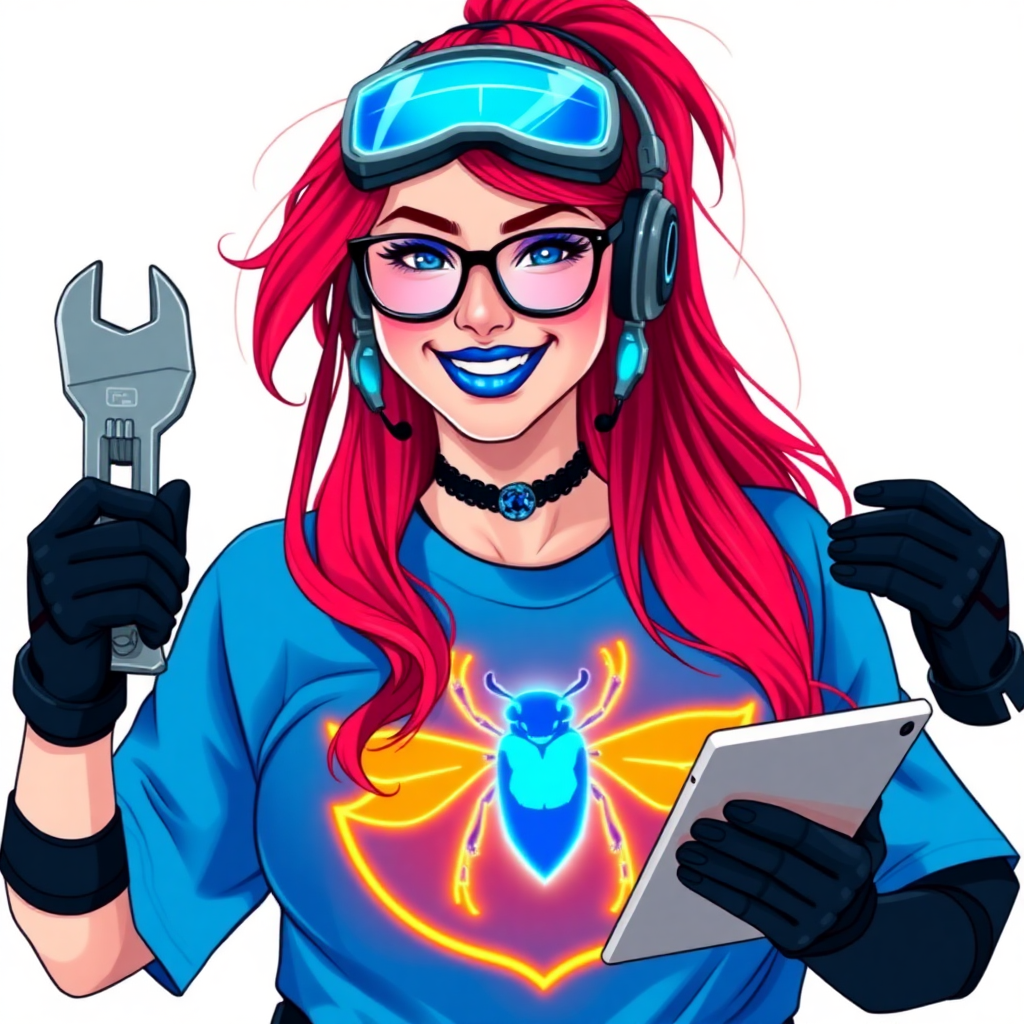 A full-sized, intelligent and tech-savvy 28-year-old computer hacker and tech genius. She has a long ruby red ponytail. She wears maximum blue lipstick, blue eyes, a sapphire beetle gemstone necklace, sapphire earrings, black eyeglasses, hi-tech power gloves, and an oversized maximum blue t-shirt featuring a neon blue glowing beetle chest icon. She has a full-figured physique with a large prominent wrecking ball-sized midsection, reflecting her well-cared-for lifestyle. She sports a sapphire headset with a hi-tech maximum turquoise lensed HUD, and a beaming smile accentuated by a passionate neon red blush. She serves as his tech expert from his hideout, holding a futuristic tool wrench and a futuristic digital tablet. The background is solid white. She is drawn as if she was in a retro 2D cyberpunk fighting game.