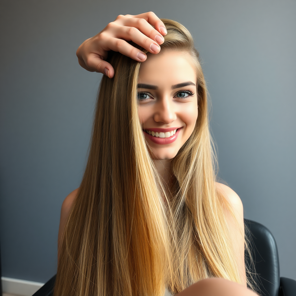 POV, beautiful very long haired blonde woman sitting in a hair salon smiling at the camera while I reach out from behind the camera to massage her scalp. My fingers are digging into her hair rubbing her scalp while her hair is covering my hands. 
Plain gray background.