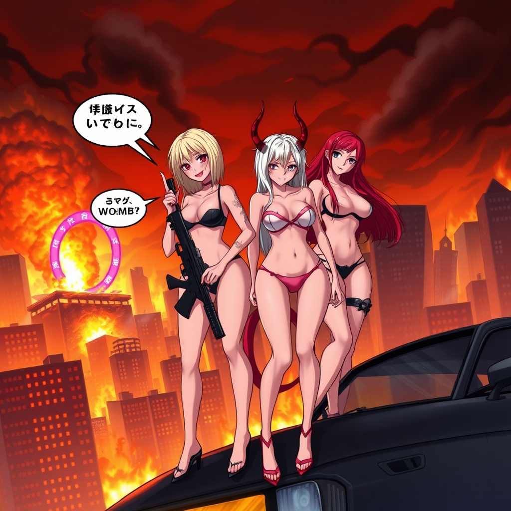 Anime, city on fire background, 4 mischievous tall-slender demon women, short blond hair, wearing sexy-micro bikini-bra-like clothing, micro g-string bikini, Womb tattoo on belly, mischievous wicked smile, large breasts, full body, long legs, looking at viewer, speech bubble with a burning city, holding rifle, a building crumbling and exploding, 1 woman has long-white hair and is standing on top of a car with 2 middle fingers, a pink vagina-shaped portal opened afar, 2nd woman has long-crimson hair and is wearing nothing but red-gem tit coverings.