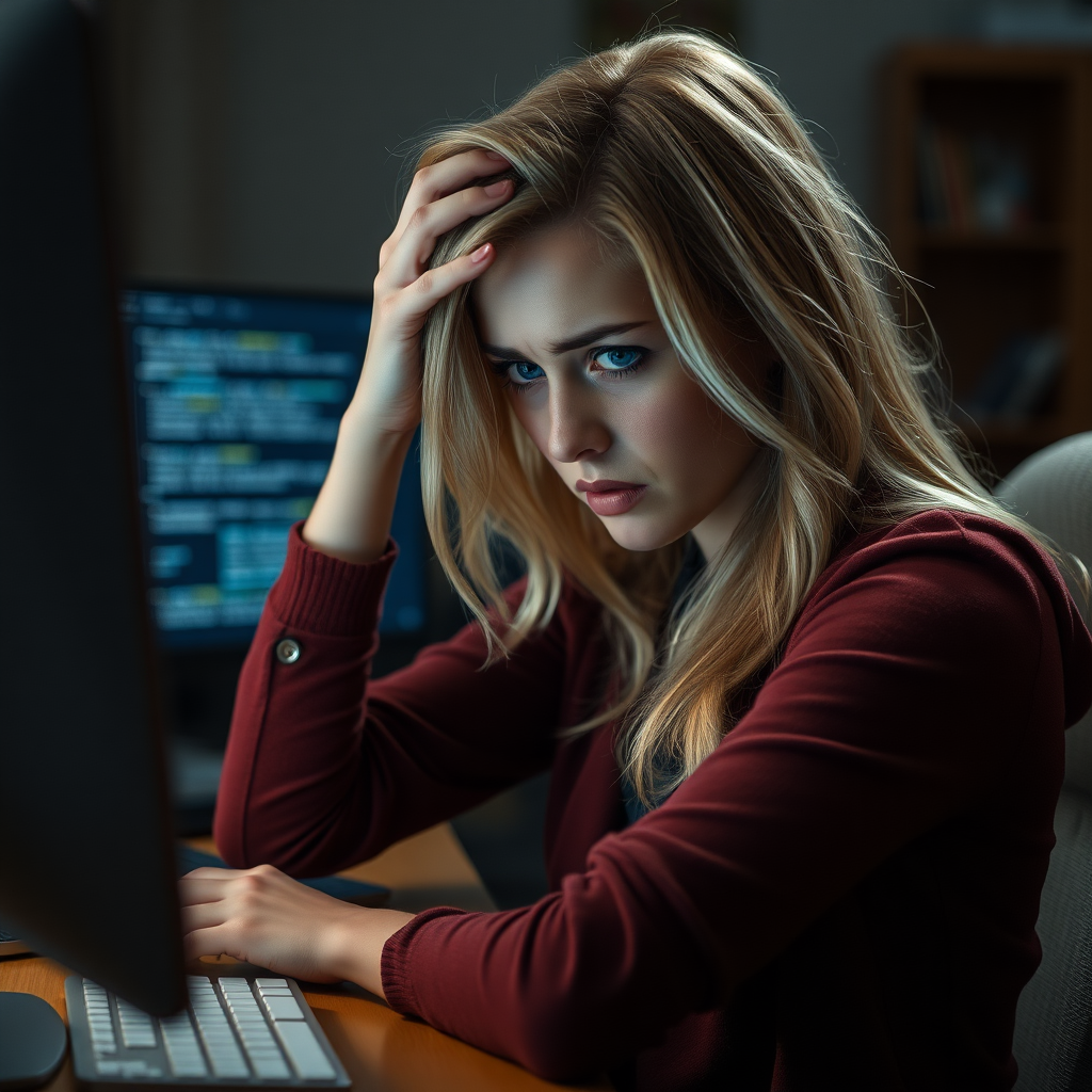 Create a detailed photo realistic scene of a desperate young nice bright blonde girl sitting in front of a computer. Her posture should reflect frustration, with her hands either on her face or gripping her head. Her surroundings are a typical home or office workspace, with dim lighting adding to the tense and stressful mood. The computer screen could show error messages, glitches, or something causing her distress. The woman’s expression should be a mix of anxiety, exhaustion, and very despair and sad and very angry with subtle attention to facial details like furrowed brows or clenched jaws.