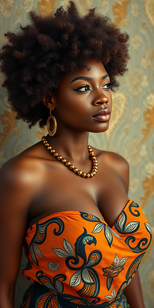 a photo of a busty african woman with an afro