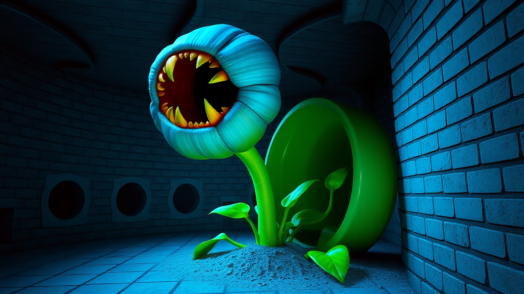 Interior. Underground scene with brick walls and floor. Blue tinted lighting. A large green drain pipe sticks out of the ground. Growing out of the pipe opening, a monster with the head of a blue flower bulb, large mouth with pointy yellow teeth. Its body is a green flower stem with green leaves.