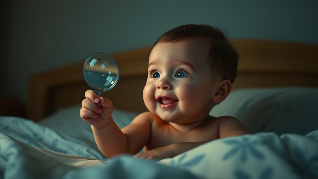 A baby holding a looking glass in hand at night on the bed, happy to see that animation.