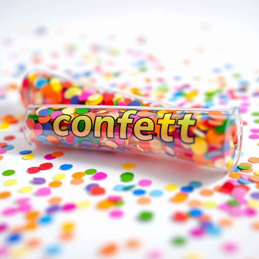 colorful confetti popper tube with text "confetti" on it, closed from both ends