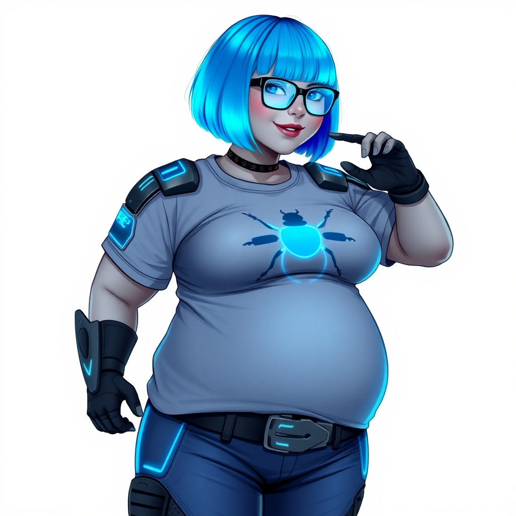 A 28-year-old, full-figured, metallic middle gray skinned computer program hybrid with a vibrant maximum blue bob cut. She has a non-athletic build, highlighted by a prominent, round, large midsection (fully emphasizing her round large belly) while being covered by her large t-shirt, reflecting her new junk food eating habits influenced by her boyfriend. As the full-figured, nerdy, digital sidekick to her cyberpunk vigilante boyfriend, her middle gray metallic skin and maximum blue lipstick underscore her digital essence. She dons a digital, computerized outfit: a large, tight-fitting, high-tech, maximum blue t-shirt with neon blue glowing beetle themed accents complete by a giant neon blue glowing beetle icon on the chest, hi-tech shoulder pads with neon blue accents, a black hi-tech belt with a digital neon blue glowing buckle, digital maximum blue pants with neon blue accents, and black hi-tech gloves with neon blue glowing accents. Her neon blue glowing eyes, black eyeglasses with neon blue glowing lenses equipped with a built-in HUD, and shy smile with neon red blush highlight her nerdiness. She stands bashfully with one hand behind her back and the other gently touching her cheek, her outfit covering all her bare skin and fully emphasizing her full-figured physique (especially her large belly). She is clearly non-athletic, with a heavy focus on her full-figured physique (with full emphasis on her large belly). Despite her build, she radiates beauty. Her slim face contrasts with her physique, accentuating her radiant beauty. She is set against a solid white background. She is drawn as if she were in a retro 2D cyberpunk fighting game.