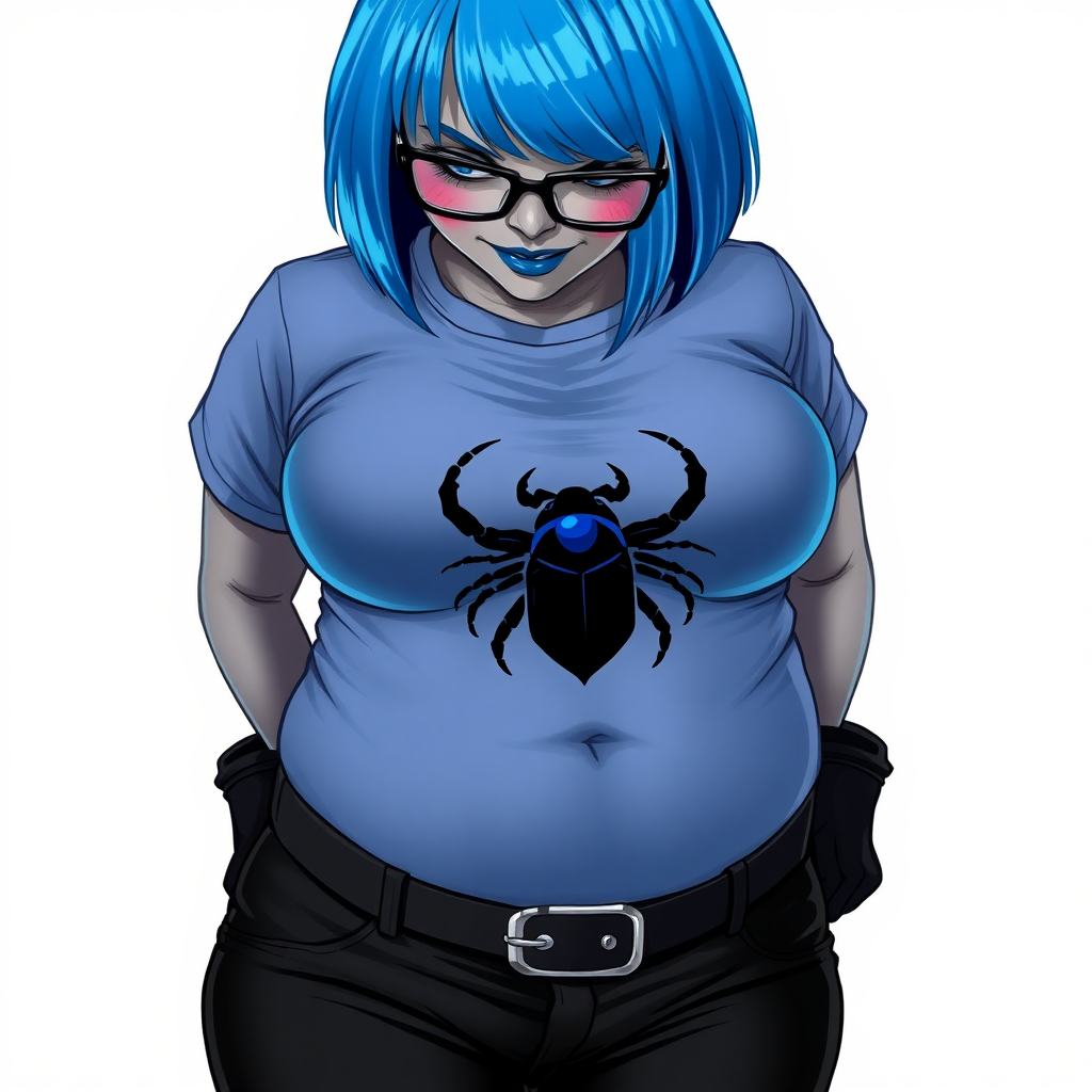 A 28-year-old, full-figured, metallic middle gray skinned computer program hybrid with a maximum blue bob cut. She has a non-athletic build, highlighted by a prominent, round midsection (with a focus on her belly). As a digital sidekick and computer hacker to her cyberpunk vigilante boyfriend, her middle gray metallic skin and maximum blue lipstick emphasize her digital nature. She wears a tight-fitting, maximum blue t-shirt (accentuating her belly) with a black chest icon of a beetle on its chest, black pants, a black belt with a sapphire scarab buckle, and black gloves. Her bright blue eyes, black eyeglasses, and shy smile with neon red blush accentuate her nerdiness. She bashfully bows her head with her hands behind her back, her t-shirt covering her midsection (especially her belly) and emphasizing her full-figured, non-athletic physique. She is on a solid white background. She is drawn as if she was in a retro 2D cyberpunk fighting game. She is clearly non-athletic, with a focus on her full figure. Make sure her t-shirt covers her midsection (especially her belly).