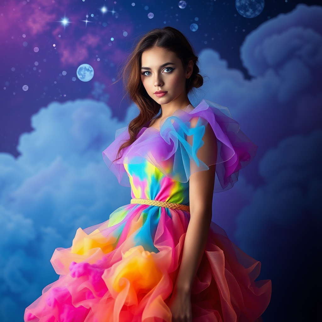 a beautiful girl dressed in a colorful smoke dress in a galactic landscape