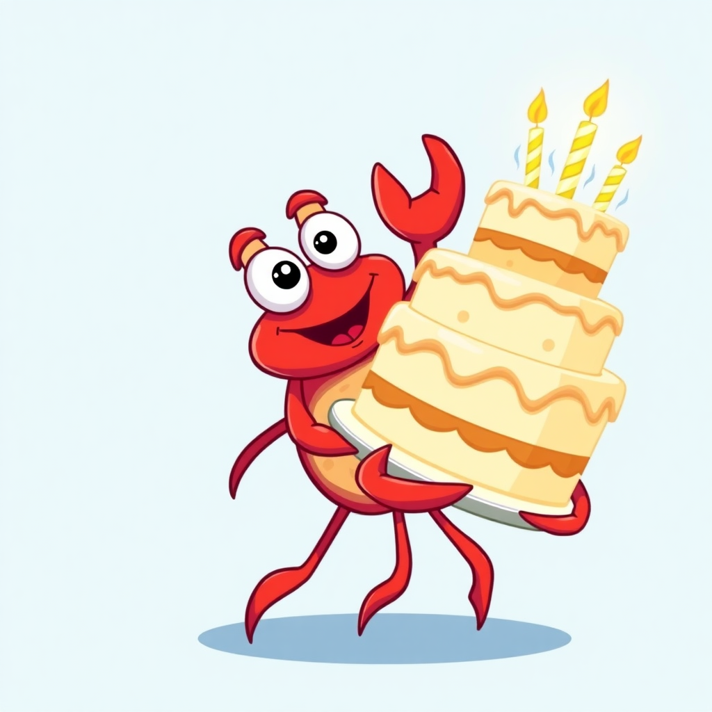 The image features a cartoon-style, bright red crab with large friendly eyes and a wide smile. The crab, appearing slightly surprised, is struggling to hold a giant, three-layered birthday cake with lit candles. The cake is almost as big as the crab and looks like it's about to tip over. A humorous touch is added with a smear of icing on the crab's face. The background is a simple light blue, keeping the focus on the crab and the cake. The image is fun and lighthearted, suitable for a party atmosphere.