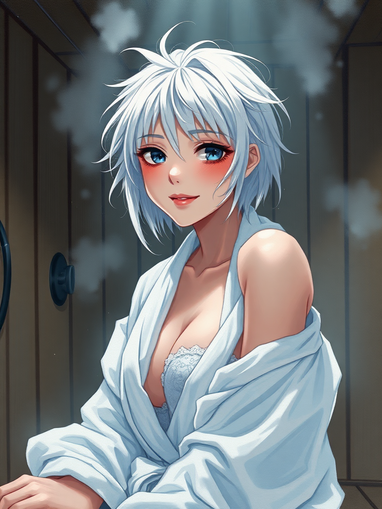 masterpiece, best quality, bichu, oil painting, Impressionism, foreshortening, 1 woman, 25y old, anime, solo, white bathrobe, looking at viewer, smiling, white hair, messy hair, wet hair, hair over shoulder, blue eyes, glowing eyes, body visible through clothes, wet, scenery, sauna, steamy, intense shadow, ambient light,