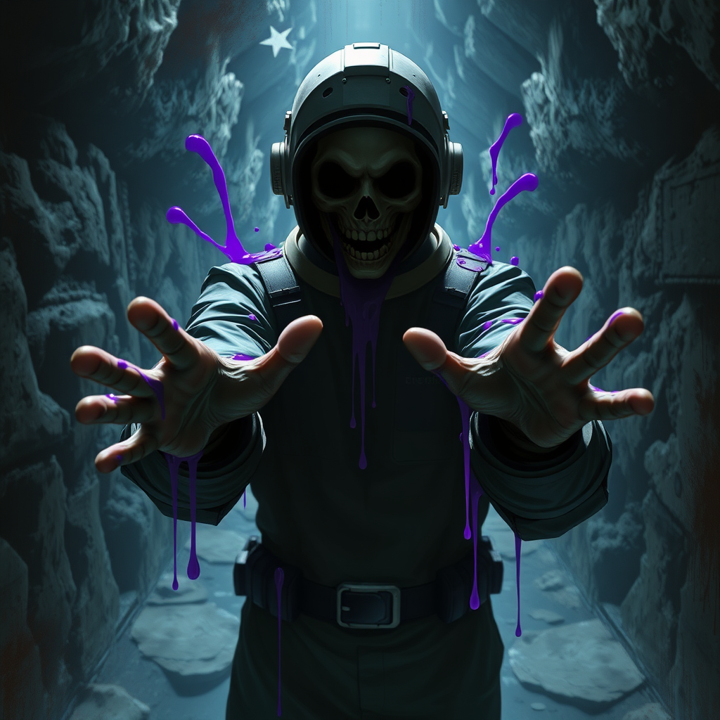 Cinematic sci-fi horror digital painting. Mindless crew member approaching the viewer with arms reaching out. Purple goo smears. Dark rocky industrialized corridor.