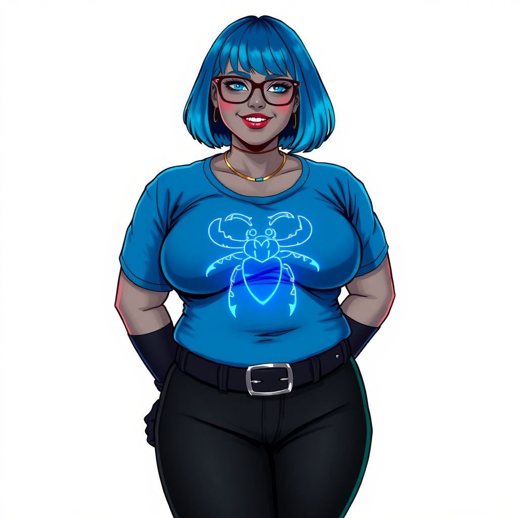 A 28-year-old, full-figured, metallic middle gray skinned computer program hybrid with a maximum blue bob cut. She has a non-athletic build, highlighted by a prominent, round midsection (with a focus on her belly). As a digital sidekick, computer hacker, and nerdy girlfriend to her cyberpunk vigilante boyfriend, her middle gray metallic skin and maximum blue lipstick emphasize her digital nature. She wears a tight-fitting, maximum blue t-shirt (accentuating her belly) with a neon blue glowing chest icon of a beetle, black pants, a black belt with a sapphire scarab buckle, and black gloves. Her bright blue eyes, black eyeglasses, and lovestruck smile with neon red blush accentuate her nerdiness. She stands bashfully with her hands behind her back, her t-shirt covering her midsection (especially her belly) and emphasizing her full-figured, non-athletic physique. She is on a solid white background. She is drawn as if she was in a retro 2D cyberpunk fighting game. She is clearly non-athletic, with a focus on her full-figured physique. Ensure her t-shirt covers her midsection (especially her belly).