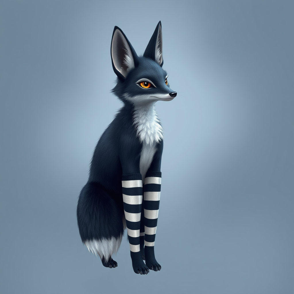 A black fox wearing striped thigh high socks