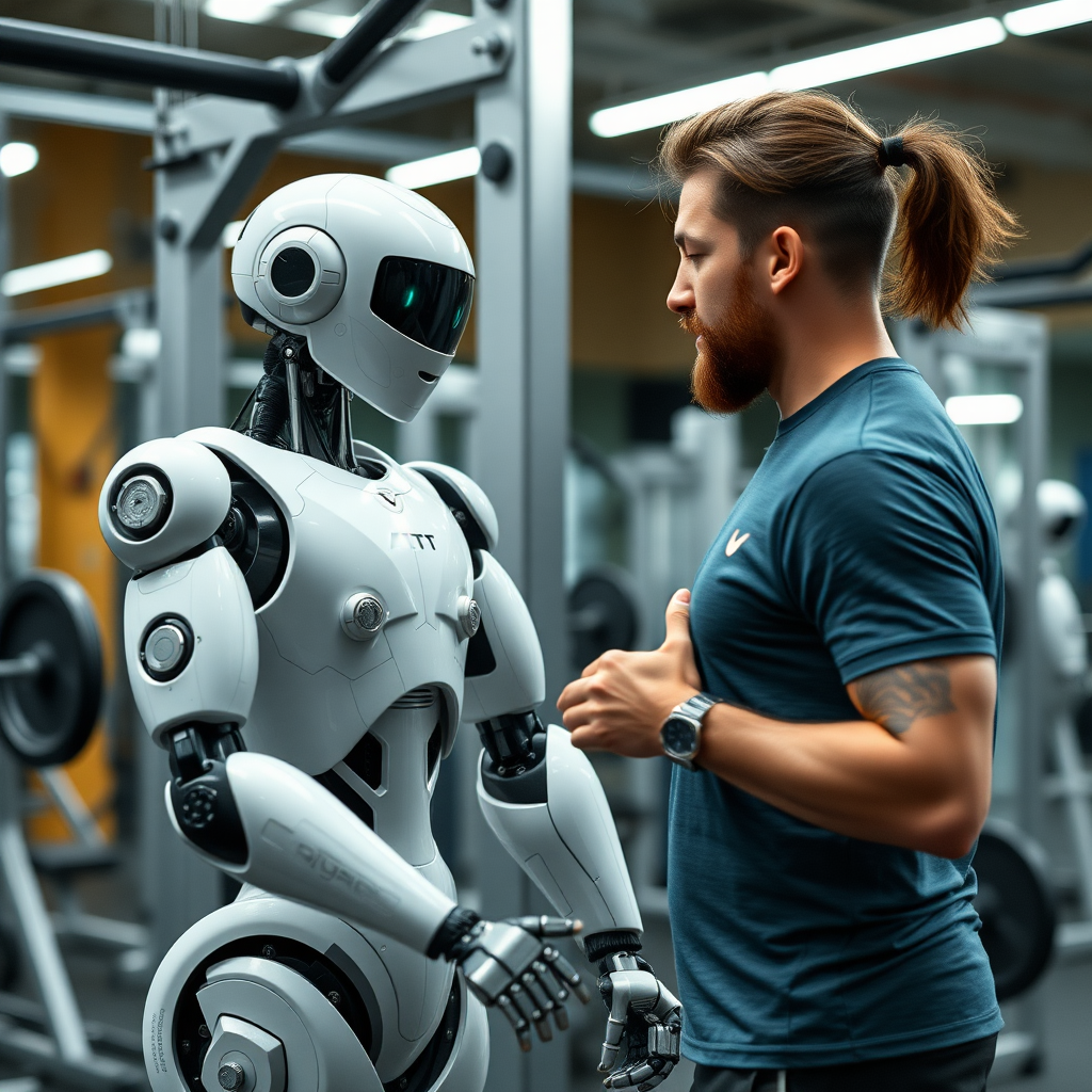 A humanoid robot weight lifting in a gym. The robot gets instructions and advice from its human fitness trainer.