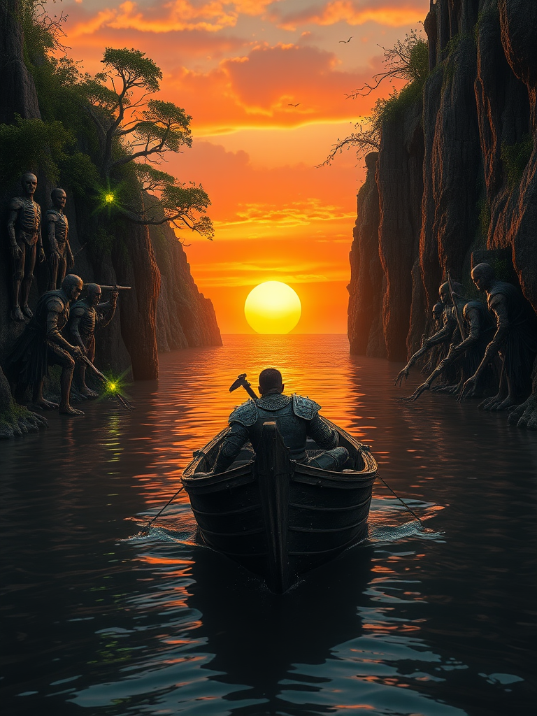 A cinematic still of a wounded knight, clad in battered armor, slumped against the prow of a small, weathered wooden boat. The boat is slowly drifting down a narrow river, the water dark and reflecting the fiery sunset. The river is framed by towering cliffs, their sheer faces etched with ancient ruins, overgrown with vines and gnarled trees. The ruins are partially obscured by thick foliage, with hanging skeletons and rusted warrior armors peeking through. On the riverbank, dark green mystical energy pulsates around figures of zombie knights, their armor rusted and their eyes burning with an unnatural glow. The sunset paints the sky in fiery hues, with a large, glowing sun sinking towards the horizon. The river gradually widens as it flows towards the ocean, glimpsed beyond the distant cliffs, its surface shimmering with the last rays of daylight.