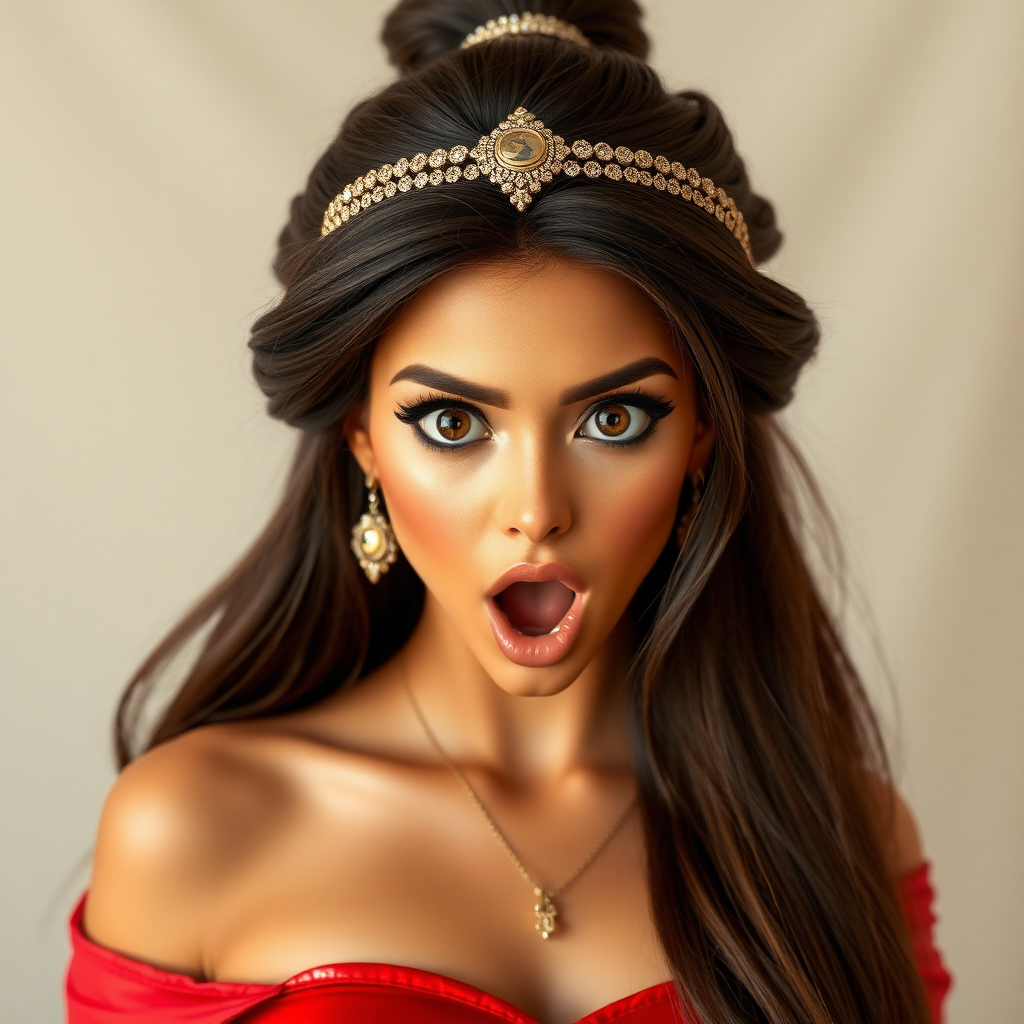 surprised Arabian girl with mouth open. She has very large eyes, black eyeshadow, black eyeliner, fake eyelashes, very tanned skin, very long hair. very high ponytail, princess jasmine, red off shoulder shinny crop top. photo realistic