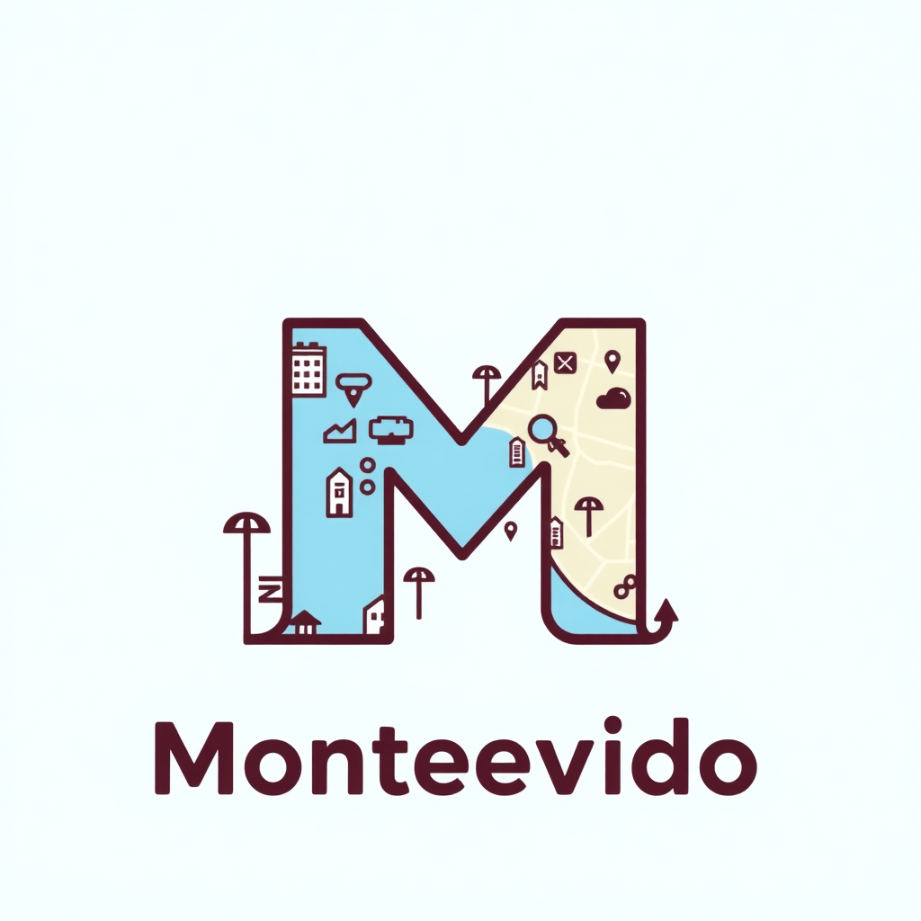 Make a simple logo for a repository of places and activities to do in Montevideo, Uruguay. Make sure to include an M, keep the background a plain color, don't include the word Montevideo, add stuff to make it look like a map of places. Make the accent color light blue.