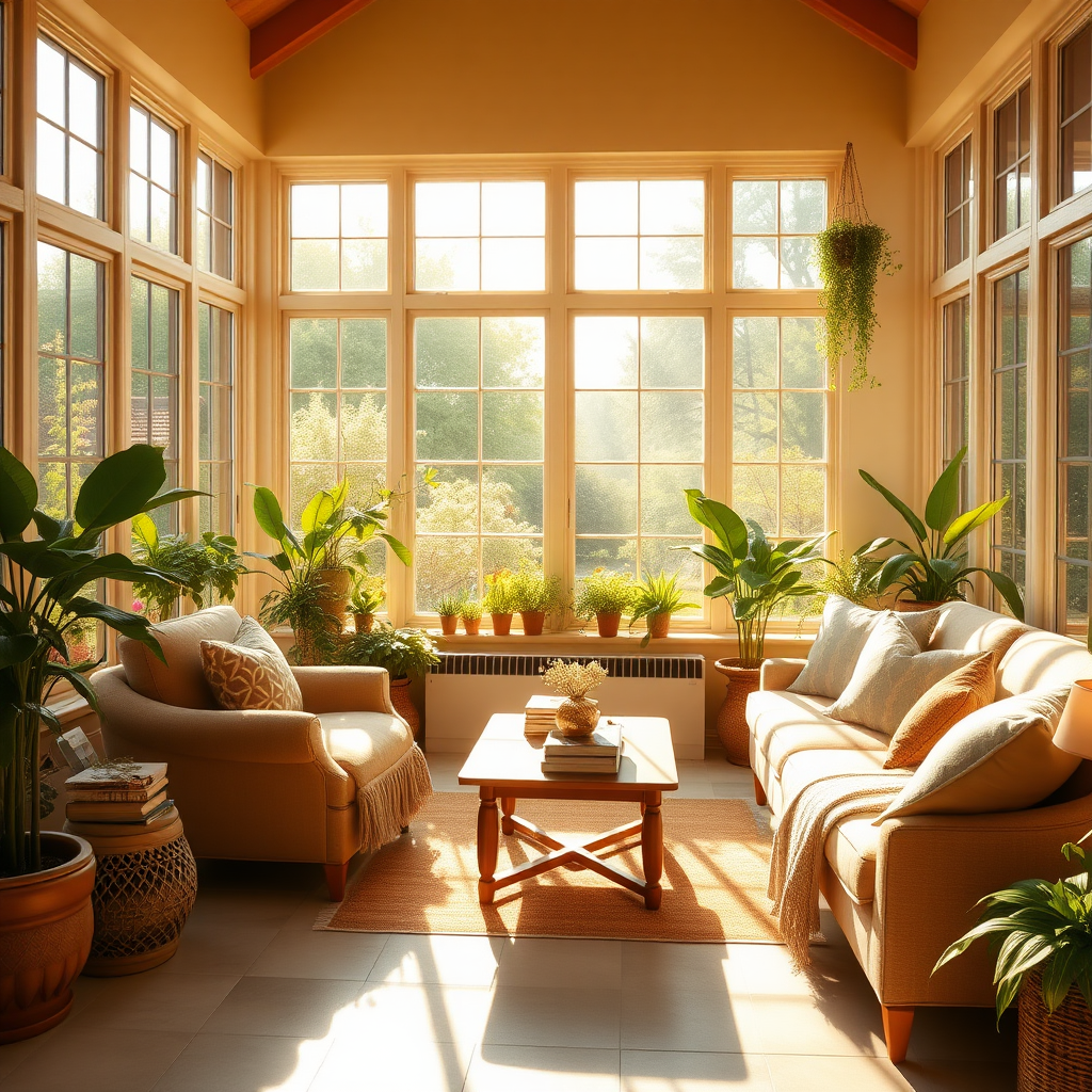 (warm and inviting sunroom, filled with plants and soft natural light) (best quality), (masterpiece), (ultra-detailed), (bright, calming interior), the sunroom is bathed in warm, golden light as the morning sun pours in through the large, floor-to-ceiling windows. Plush, comfortable chairs and sofas are arranged around a small wooden coffee table, while lush green plants line the windowsills, thriving in the abundant sunlight. The room feels like a sanctuary, with soft cushions, cozy blankets, and a stack of books on the table. Outside, a garden is visible, its greenery blending seamlessly with the tranquility of the room. The light breeze from the open windows carries the scent of fresh flowers inside, creating a perfect, peaceful atmosphere.