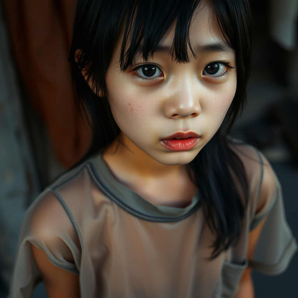 A homeless and sad and mystery and surreal Asian girl in a very old transparent T-shirt, with black hair and black eyes, is looking without hope in her eyes and a little bit crying.