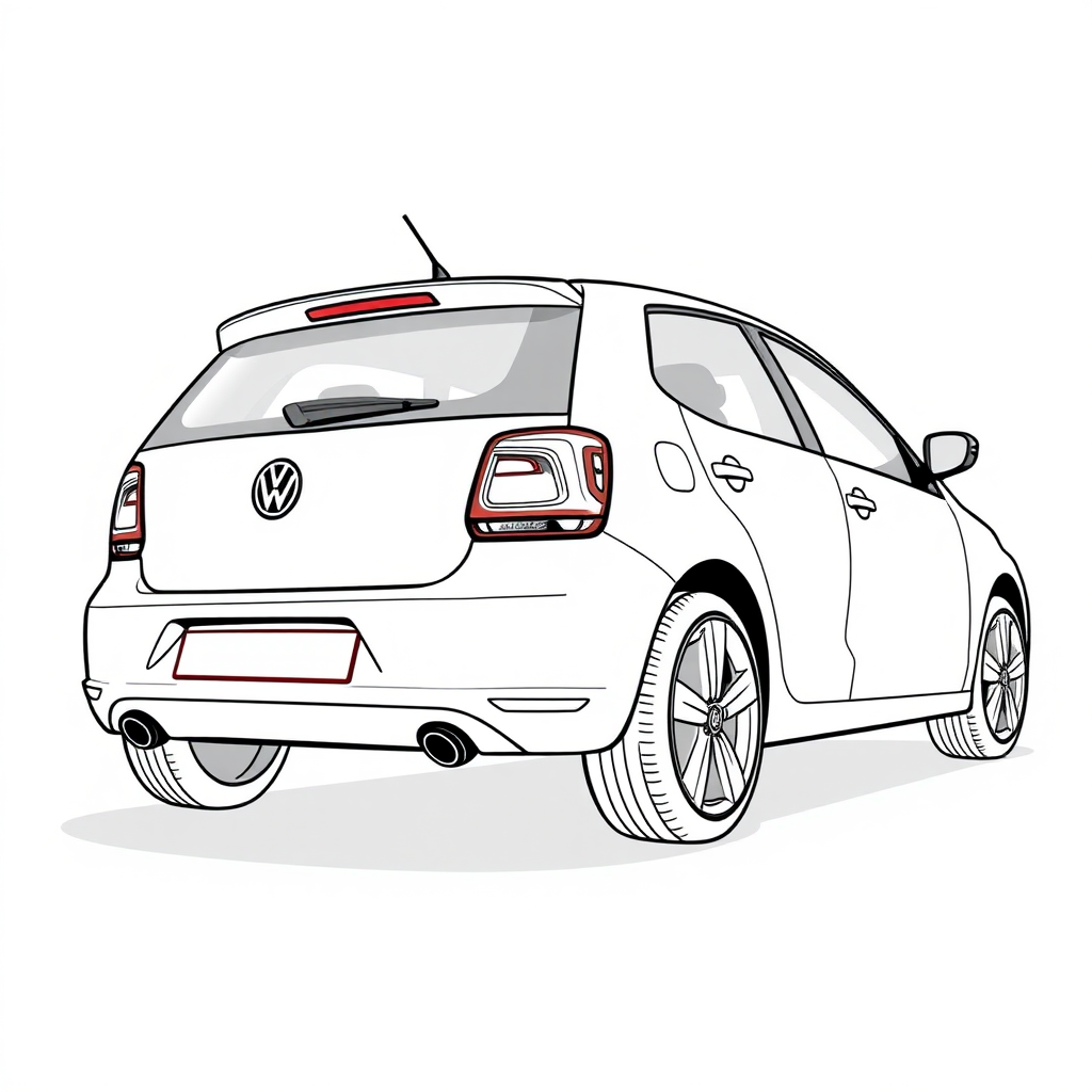 white vw polo V car, long establishing shot, 2D, caricature, cartoon, Sketch lines, coloring book, coloring book style on white background, well composed, clean coloring book page, No dither, no gradient, strong outline, No fill, No solids, vector illustration, realistic proportions, side rear view