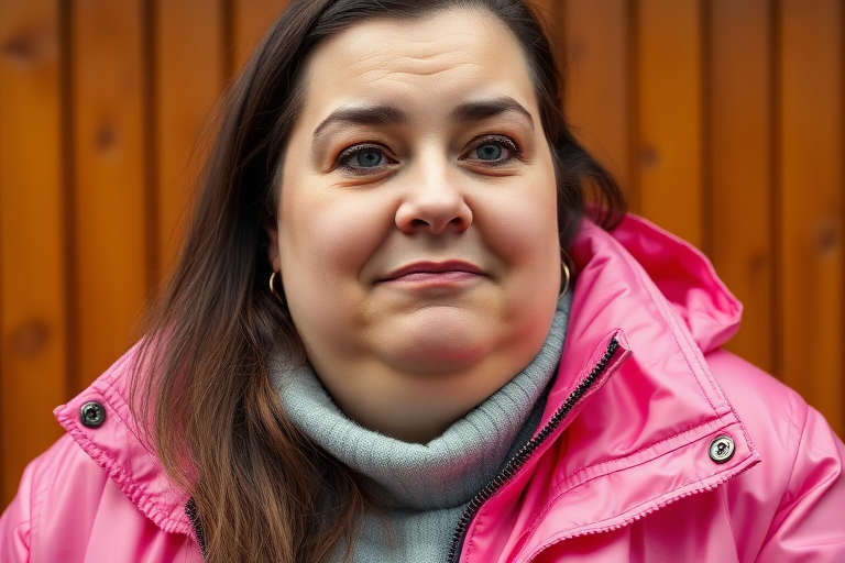 35 year old woman, fat face, pink pvc jacket