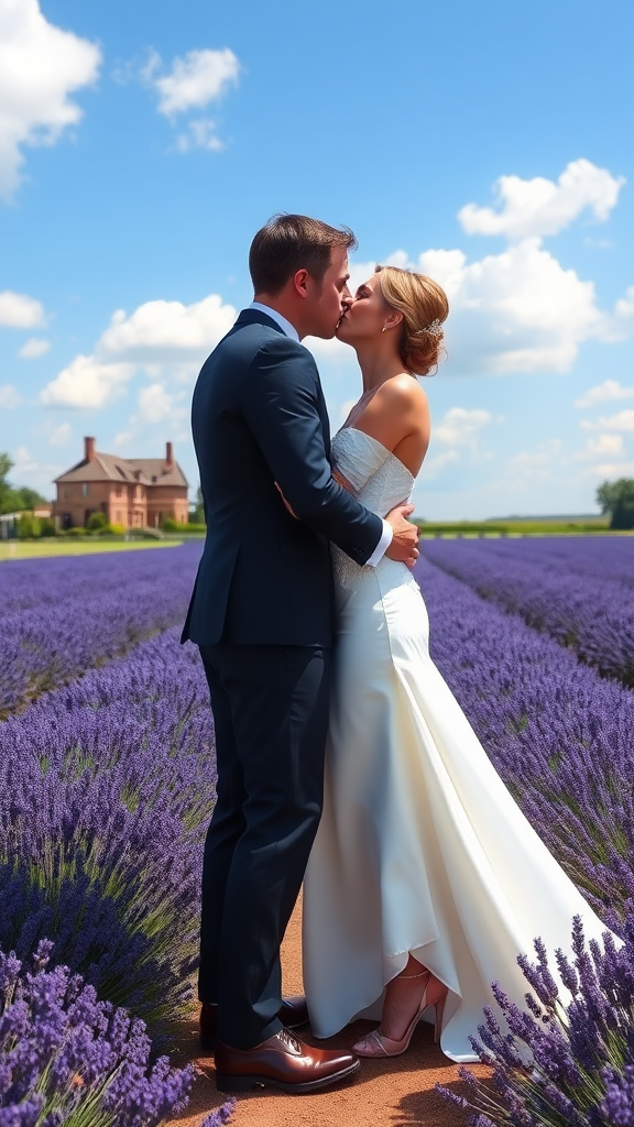 Bride and groom dressed elegantly, she in high heels and he in patent shoes, he passionately kisses the bride, in the background a large lavender field, in the background a country house, blue sky with white clouds.