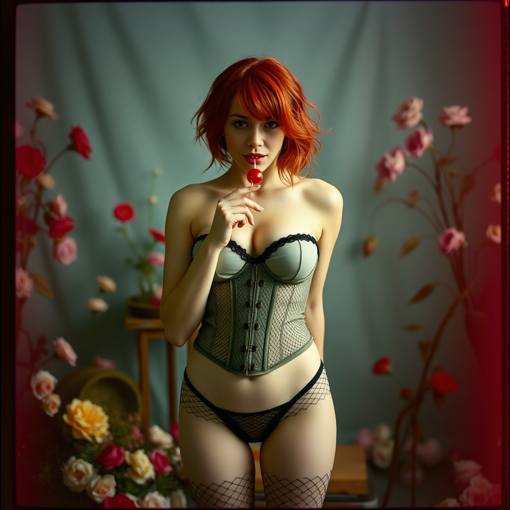 a scan of an old film photo with heavy dark vignetting and color tint and light leak and visible wear and cracking with visible lines from being folded depicting a sexy curvy alt goth girl with red hair wearing a cupless underbust corset and fishnet bra barely covering nipples and with tiny tight fishnet bikini gstring thong panties standing in a photography studio filled with flowers, sucking on a small red lollipop with innocent look on her face