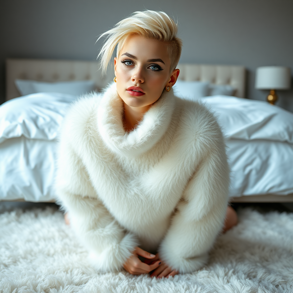 Vancouver sunny spring Sunday morning, master’s stylish penthouse apartment bedroom, concrete-glass-steel-leather clean design fluffy carpet, white sheets on bed, “FUZZY poncho lovers” community photo shoot. Sam, 17 years old beautiful femboy-model, rather short petite figured, platinum blond boyish rebel punk hairstyle, flawless heavily made-up face with sharp arched tattooed eyebrows, wearing Supertanya-style fluffy very fuzzy bright white angora turtleneck-poncho fully covering body and arms, gold earrings, kneeling on carpet in front of bed, both hands behind back, shoulders arched back, proudly presenting her assets, looking at camera. Focus on Sam’s face and turtleneck-poncho.