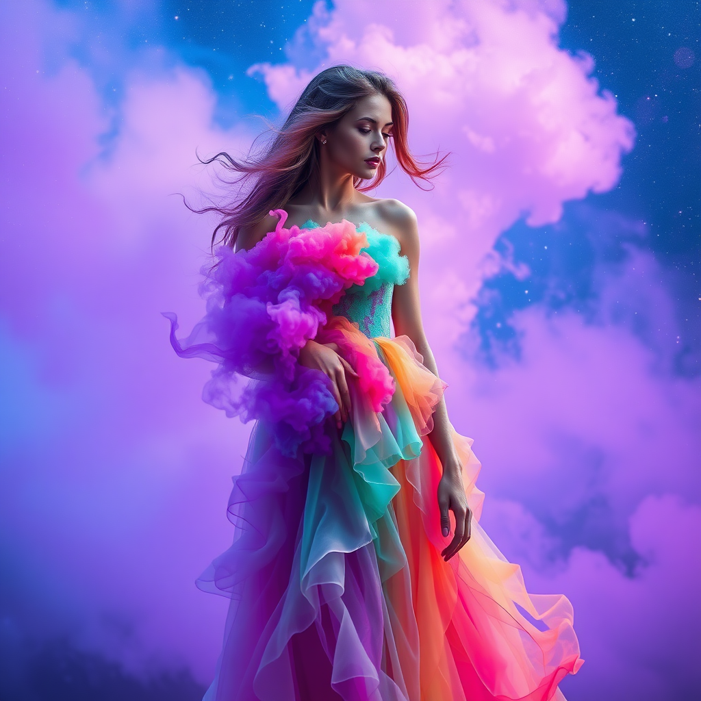 a beautiful girl dressed in a colorful smoke dress in a galactic landscape