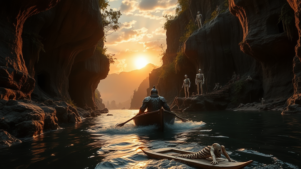 an epic cinematic low camera angle of a wounded knight in a small wooden boat navigating a precarious river with imposing cliffs with interesting rock formations and overhangs with overgrown nature embedded ruins, hanging vines foliage, trees, and sporadic dead skeletons and armor from dead warriors the cliffs reveal background the ocean in a sunset with a big sun and dramatic clouds