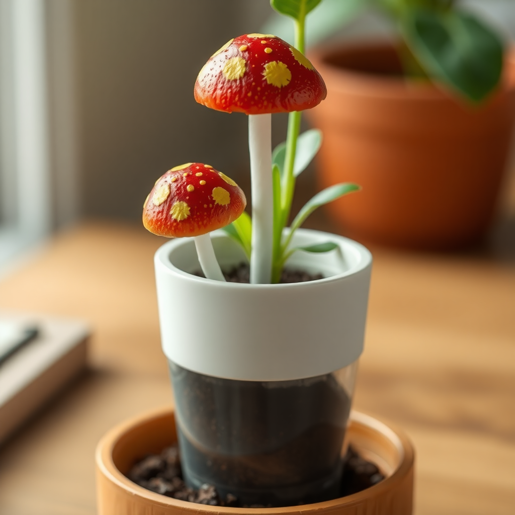 Here's the prompt you can use for your Flux image generator:

"A small mushroom-like structure inserted into a plant pot. The mushroom head has red with yellow spots. Water flows through a thin pipe from a hidden water tank below the pot, through the pot, and into the mushroom, evenly watering the plant's soil. The water tank holds 2-5 liters and the system is compact, minimalistic, and designed for small indoor plants. The overall design is clean and functional, with the mushroom dispersing water across the plant efficiently." 

Feel free to adjust any details based on the capabilities of your generator!