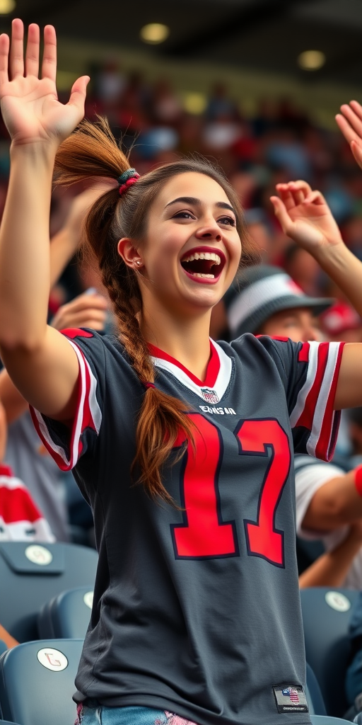 Attractive female NFL fangirl, pigtail hair, jersey, wildly cheering, in the bleacher crowd