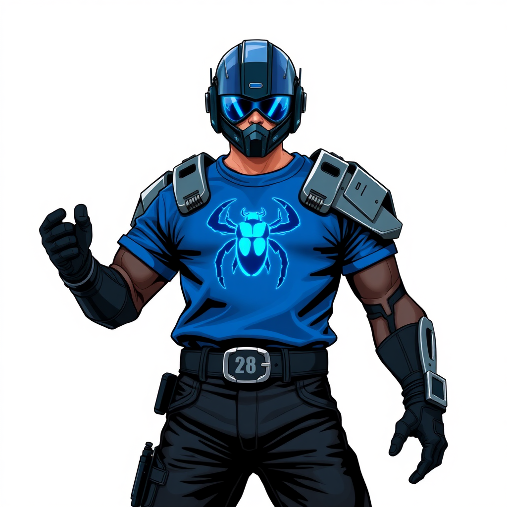 A 28-year-old cyberpunk vigilante stands heroically, clad in a high-tech, armored maximum blue t-shirt featuring a neon blue glowing beetle on the chest. They wear black biker pants, a black belt with a sapphire beetle buckle, and a maximum blue head covering helmet with neon blue glowing lenses. Their hands are protected by black metal gloves, all set against a solid white background. He is drawn as if he was in a retro 2D cyberpunk fighting game.