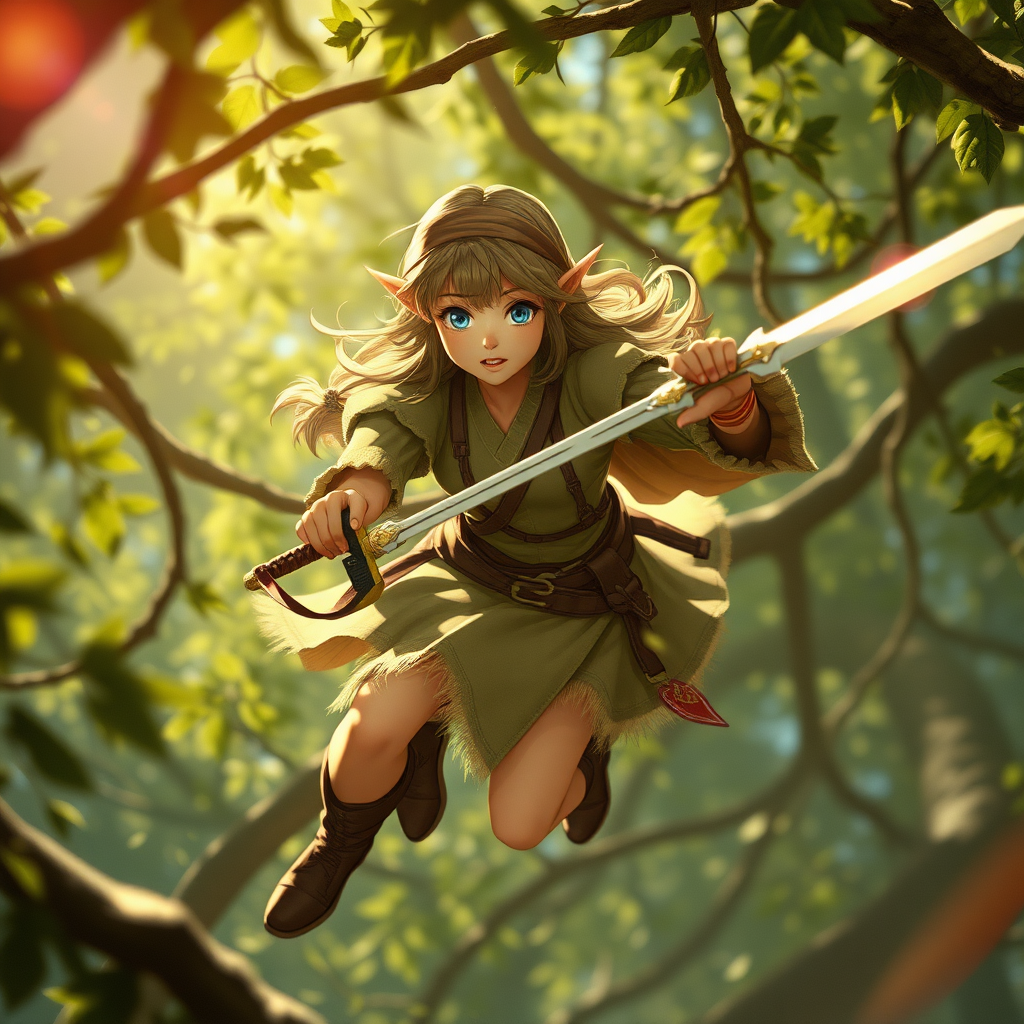 A twenty-something elf girl like (Deedlit from Record of Lodoss War), a character come to life. Flying through tree branches, sword in hand. Photo-real, film grain, lens flare, chromatic aberration.