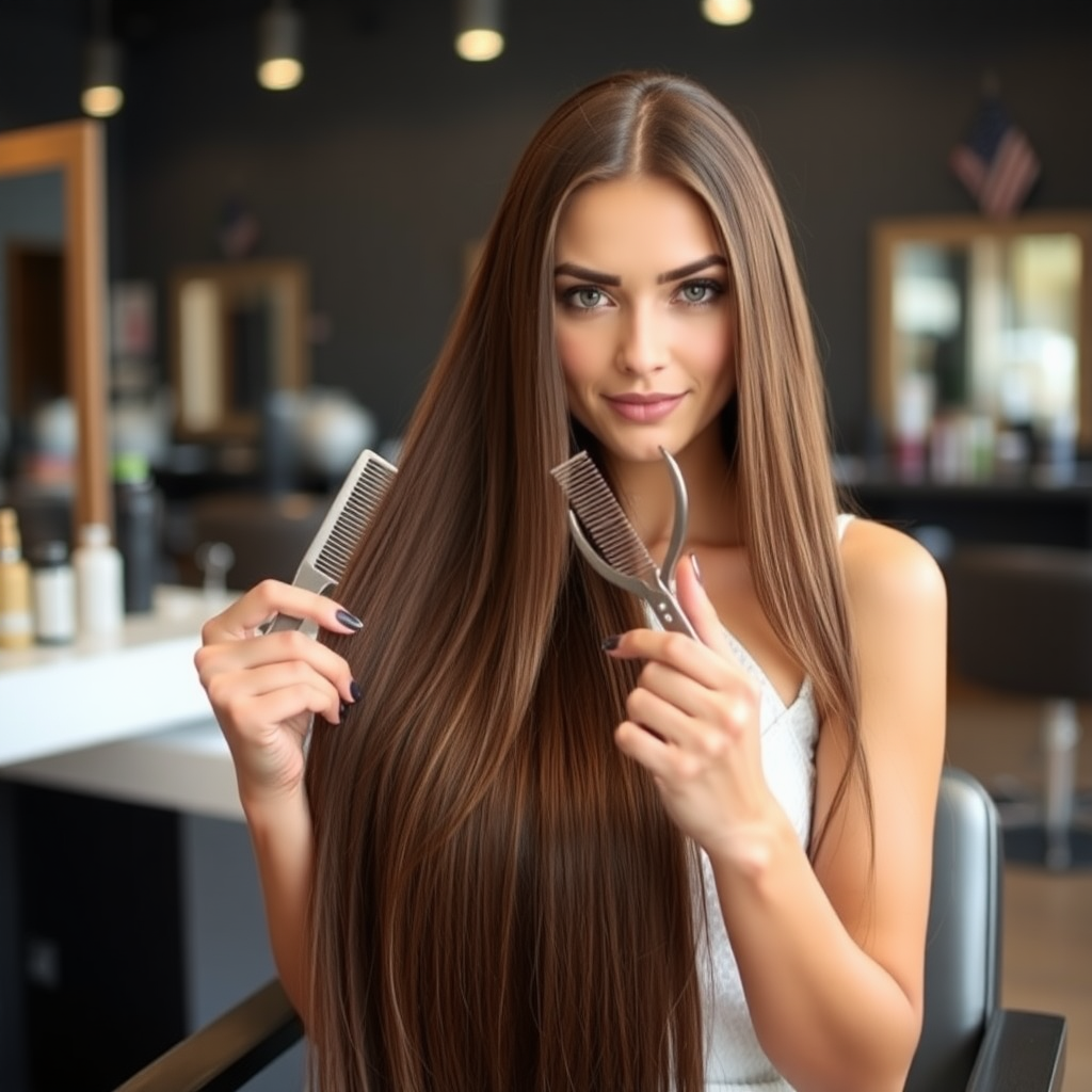 A beautiful woman sitting in a hair salon looking at the camera. Her very long hair meticulously fanned out. She is holding a comb and scissors in an invitation to cut her hair.