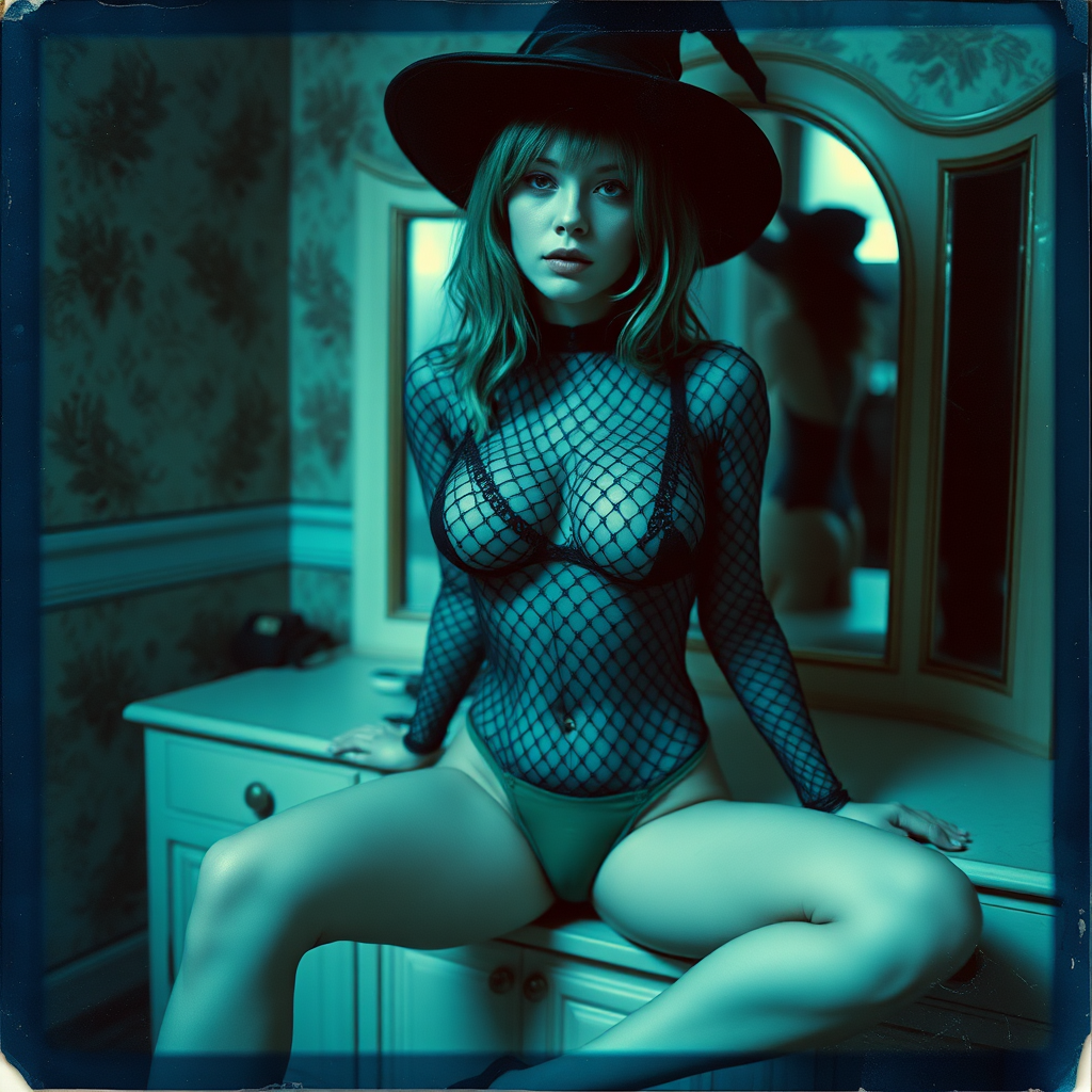 can of an old polaroid photo with heavy dark vignetting and a blue color tint to the photograph and visible light leaks. The photo depicts a sexy alt goth girl with pale skin and green hair. She has large breasts with ample cleavage and is wearing a black fishnet bodysuit. She is wearing a witch hat. The image looks hazy and grungy. She is in an old house with wallpaper on the walls. Dark lighting with camera flash used. Candid. she is wearing a green thong. She is sitting on a builtin vanity with a mirror with her knees spread apart.