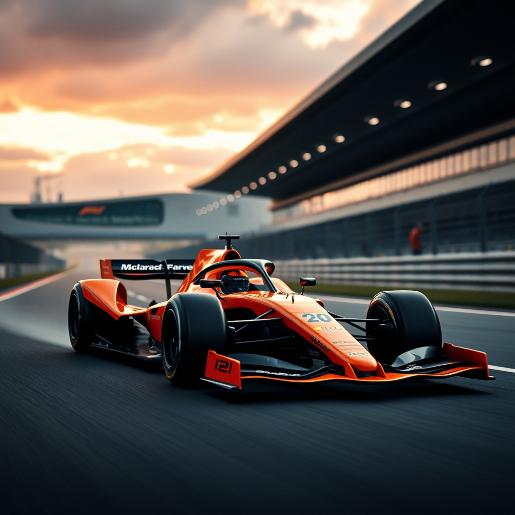 f1 mclaren car aesthetic cinematic photo in a race track