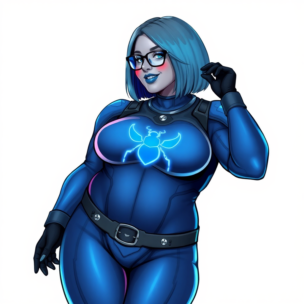 A 28-year-old, full-figured, middle gray metal skinned computer program-human hybrid with a maximum blue bob cut. She is the digital sidekick, computer hacker, and nerdy girlfriend of her cyberpunk vigilante boyfriend. Her middle gray metallic skin, distinct from any other character, highlights her digital nature. She wears maximum blue lipstick and has bright blue eyes. Her outfit includes an oversized digital maximum blue bodysuit with a neon blue glowing chest icon of a beetle and black gloves. Black eyeglasses accentuate her nerdiness, and she has a lovestruck smile with neon red blush. Her full figure, including a prominent, gargantuan, round midsection (with the full emphasis on her gargantuan belly), gigantic limbs, and broad shoulders, reflects the doting care of her vigilante boyfriend. The background is solid white. She is drawn as if she was in a retro 2D cyberpunk fighting game. Ensure her bodysuit covers all her bare skin (especially her round gargantuan belly). Her oversized bodysuit is influenced by DC's superheroine Jennifer Knight Phantom Lady but remains distinct.