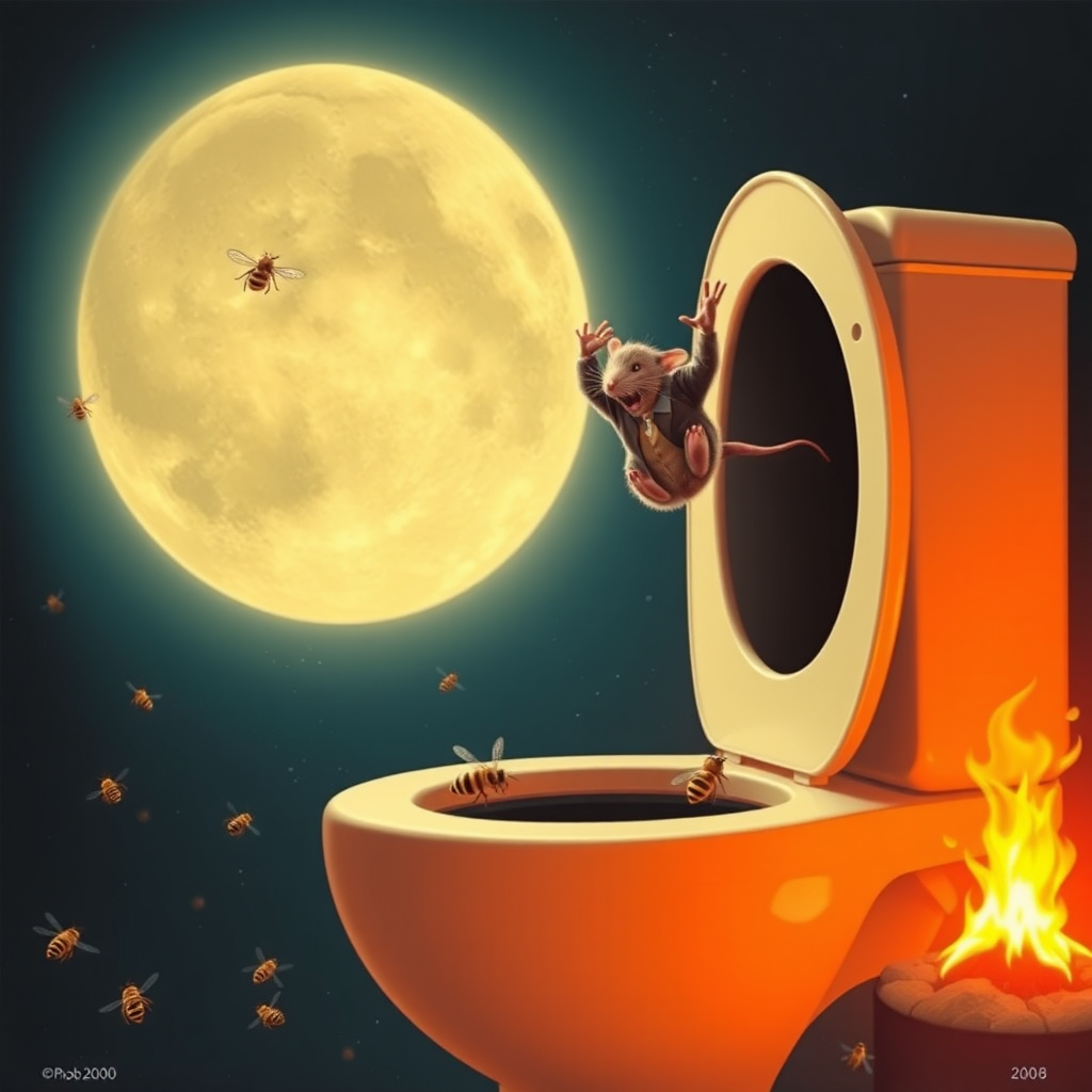 A rat politician diving off the moon into a toilet, bees, 2000s musical movie poster, no text, hell.