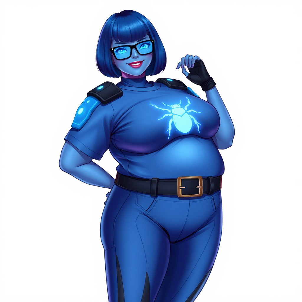 A 28-year-old, full-figured, metallic maximum blue (5PB 5/10) skinned computer program hybrid with a maximum blue bob cut. She has a non-athletic build, highlighted by a prominent, round, large midsection (with heavy emphasis on her belly), which shows the effects of her love of junk food acquired from her boyfriend. As the full-figured, nerdy, digital sidekick to her cyberpunk vigilante boyfriend, her metallic maximum blue skin and maximum blue lipstick (5PB 5/12) emphasize her digital nature. Her skin has a subtle, animated glow, with digital patterns occasionally flickering across it, making her digital nature obvious. She wears a digital, computerized costume, consisting of a huge, tight-fitting, maximum blue t-shirt (5PB 5/12) with a neon blue glowing chest icon of a beetle, hi-tech shoulder pads with neon blue accents, a black hi-tech belt with a digital neon blue glowing buckle, digital maximum blue pants (5PB 5/12) with neon blue accents, and black hi-tech fingerless biker gloves with neon blue glowing accents. Her neon blue glowing eyes, black eyeglasses with neon blue glowing lenses equipped with a built-in HUD, and bashful smile with neon red blush accentuate her nerdiness. She stands bashfully with one hand behind her back and the other hand gently touching her cheek, her costume covering all her skin and fully emphasizing her full-figured physique (especially her belly). She is clearly non-athletic, with a focus on her full-figured physique. Despite her build, she radiates beauty. She has a slim face compared to her physique, accentuating her radiant beauty. She is on a solid white background. She is drawn as if she were in a retro 2D cyberpunk fighting game. Ensure her skin has a maximum blue (5PB 5/10) skin tone.