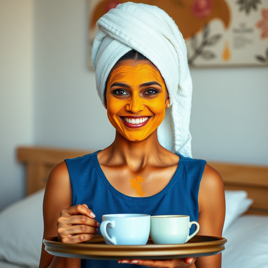 slim, 30 year old, indian wife, towel head, turmeric face mask. She is smiling and serving bedside coffee on a tray.