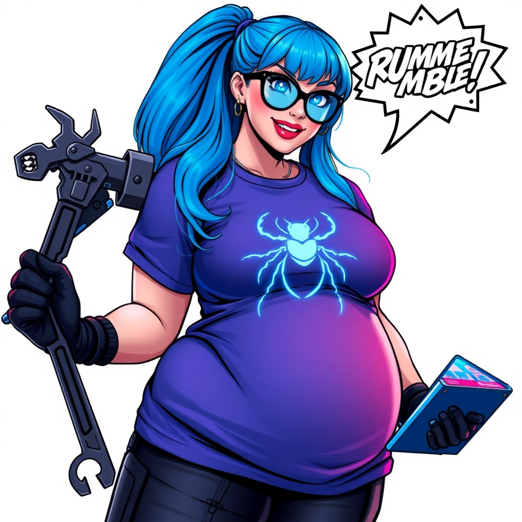 A 28-year-old, full-figured tech genius, she is the devoted girlfriend and sidekick of a cyberpunk vigilante. Her long, maximum blue ponytail and glowing sapphire eyes are striking features. Her prominent, round midsection, gigantic limbs, and broad shoulders define her full figure. As the loyal and supportive sidekick, she plays a crucial role in their missions, using her digital and technological prowess to assist and protect.

She wears an oversized maximum blue t-shirt with a glowing neon blue beetle chest icon, maximum blue lipstick, and black high-tech gloves. Her neon red blush and lovestruck smile are ever-present as she holds a futuristic wrench and a digital holographic tablet. Her full figure (especially her round midsection) shows how pampered she is by her doting boyfriend. Her nerdiness is unmistakable, accentuated by her black oversized eyeglasses. She is on a solid white background. Her tummy makes visible rumbling noises showing that obviously it's time to be massively pampered by her boyfriend. She serves as her boyfriend’s indispensable tech expert. She is drawn as if she was in a retro 2D cyberpunk fighting game. There is a maximum blue rumble comic book balloon in the background.