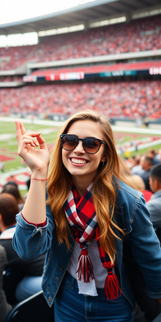 Attractive female NFL fan, cheering at crowded bleacher row, NFL stadium