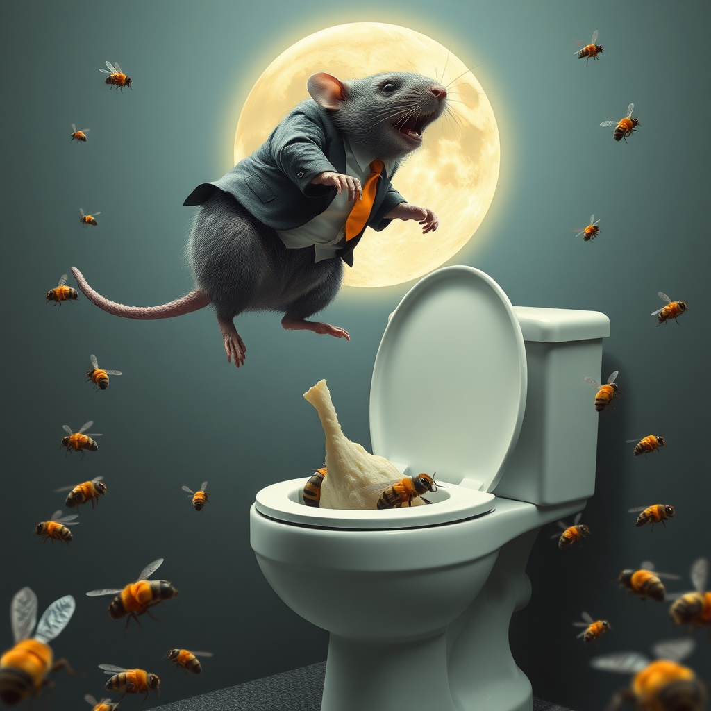 A rat politician diving off the moon into a toilet, bees, 2000s musical movie poster, no text, cyberpunk