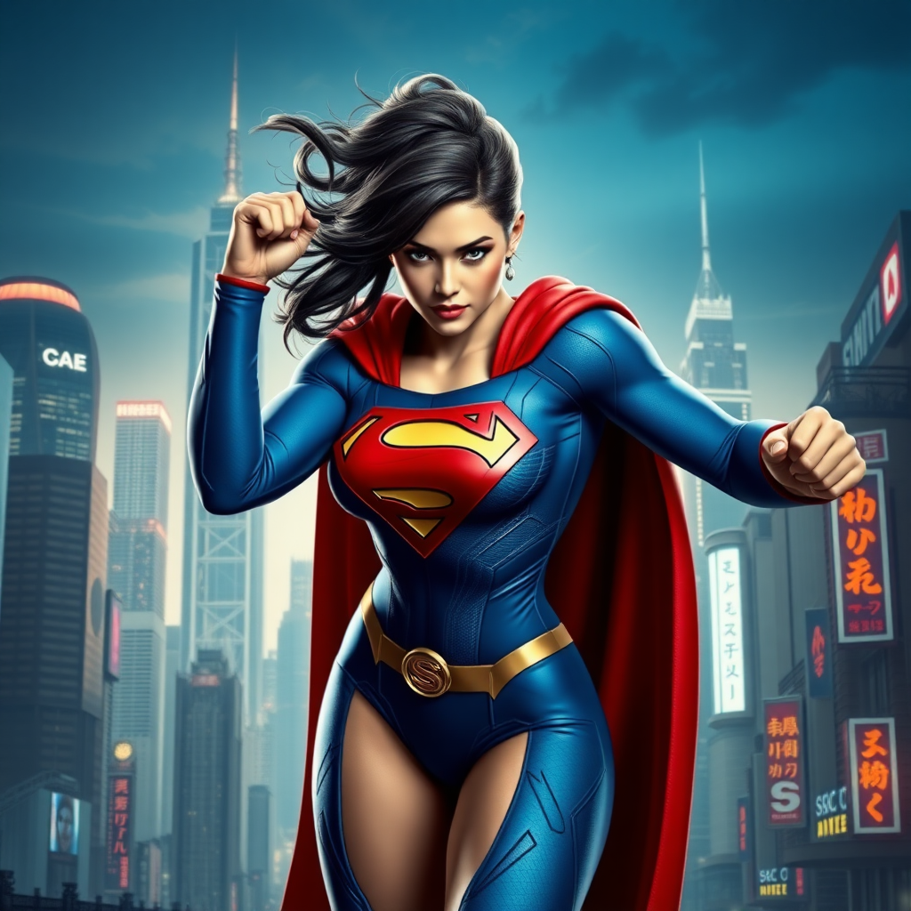 Full-length render: Hybrid superhero merging Superman's head, hair, costume on Chun-Li's athletic body. Adapt iconic blue suit, red cape, 'S' emblem to fit feminine physique. Maintain Superman's facial features, hairstyle. Background blends Metropolis skyline, futuristic skyscrapers, neon signs reminiscent of Street Fighter stages. Dynamic pose showcasing strength, agility. Dramatic lighting emphasizes heroic presence. Crisp details, vibrant colors. Seamless fusion of DC Comics, fighting game aesthetics. Photorealistic style, cinematic composition.